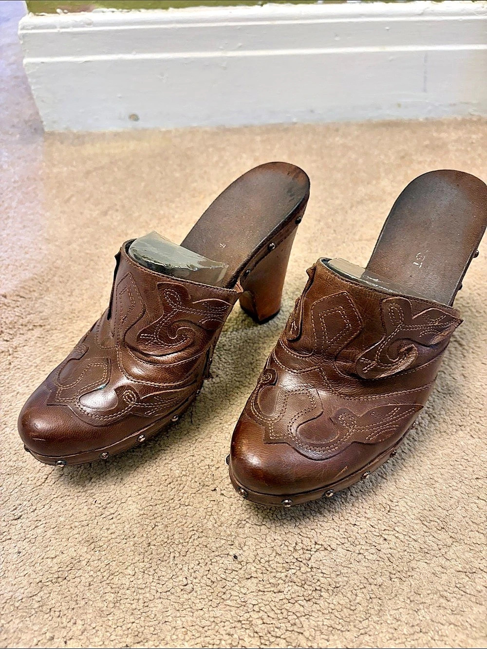 Nine West Brown Tooled Leather Clogs